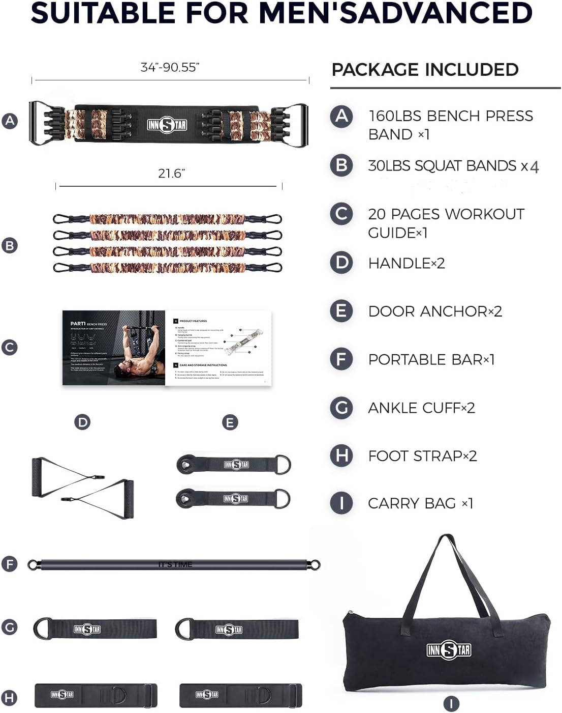 Resistance Bands Bar Exercise Bands Attachment 38" Black Max Load 800Lb for Home Gym Workout Full Body Workout Power Lifting Fitness Bar