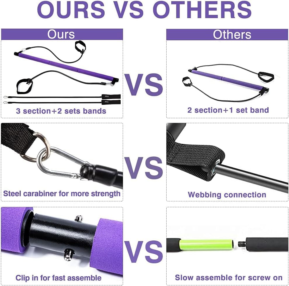 Portable Pilates Exercise Bar Kit with Adjustable 20 and 30 Pound Resistance Bands & Travel Bag for Use at Home, Gym, Office, or Travel, Purple